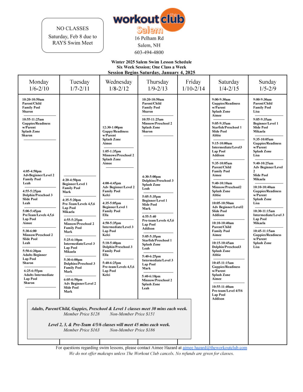 Hello Swim families,</p>
<p>It’s Back to Pool time!  All our pools have gotten a deep cleaning and in the case of the Londonderry pool it has been redone completely.  We can’t wait for you to see the improvements!</p>
<p>Our Fall 1 6 week session of swim lessons will begin the week of 9/16 and run through 10/28.  Dates may vary a little at each club. </p>
<p>Schedules can be found below, and registration will be open to the general public the week of 9/9. </p>
<p>Remember that there are no individual class makeups, but classes will be made up in case of weather cancellations or other by the club.</p>
<p>Both clubs offer Adult Swim Classes – Salem on Monday evenings and Londonderry on Friday mornings.</p>
<p>Parent/Child, Preschool, and School Age Beginner/Level 1 classes are 30 minutes and a 6 week session is $128 for members and $151 for non-members</p>
<p>School Age Level classes are 45 minutes and a 6 week session is $163 for members and $186 for non-members.</p>
<p>Thanks and we hope to see you at the pool soon!</p>
<p>Salem Aquatics</p>
<p>Aimee Hazard</p>
<p>Aimee.Hazard@theworkoutclub.com</p>
<p>Londonderry Aquatics</p>
<p>Marilyn Soraghan<br />
Marilyn.soraghan@theworkoutclub.com</p>
<p>ADD THIS:</p>
<p>We have been working hard to set up our Fall 2 Swim Session.  Even though Fall 1 started late, we feel that we can get another 6 week session in for the Fall 2 session and finish right before the holidays.  </p>
<p>Fall 2 will begin on Wednesday 11/6 and run through Sunday 12/22.</p>
<p>There will be NO lessons Wednesday 11/27-Sunday 12/1 for the Thanksgiving Break.</p>
<p>We know this is a quick turnaround but we plan to open registration to returning families today 10/28 at 6:00pm.  The new schedules for both clubs are attached.  Registration for new families will open on Wednesday 10/30 at 12:00pm.</p>
<p>The schedules for both clubs are attached.  Please use the specific link for registration at the club location that you wish to register at.</p>
<p> 